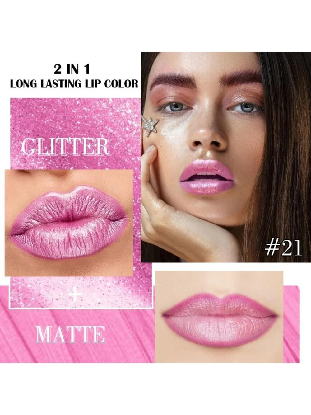Women's 21# Pink-Metallic 2-in-1 Metallic Long Lasting Lipstick And Lip Liner